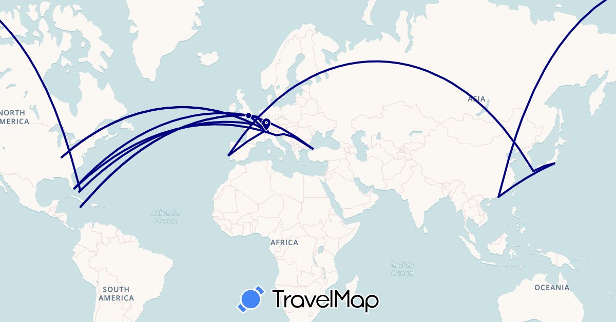 TravelMap itinerary: driving in Belgium, Bahamas, Switzerland, China, France, United Kingdom, Croatia, Italy, Jamaica, Japan, Portugal, Serbia, Turkey, United States (Asia, Europe, North America)